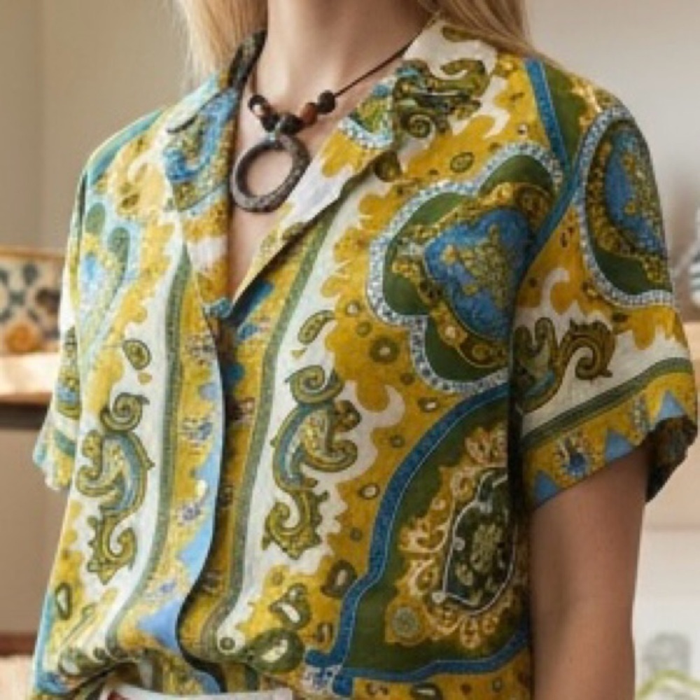 Haute Hippie Linen Blend Paisley Boxy Crop Top | Size M